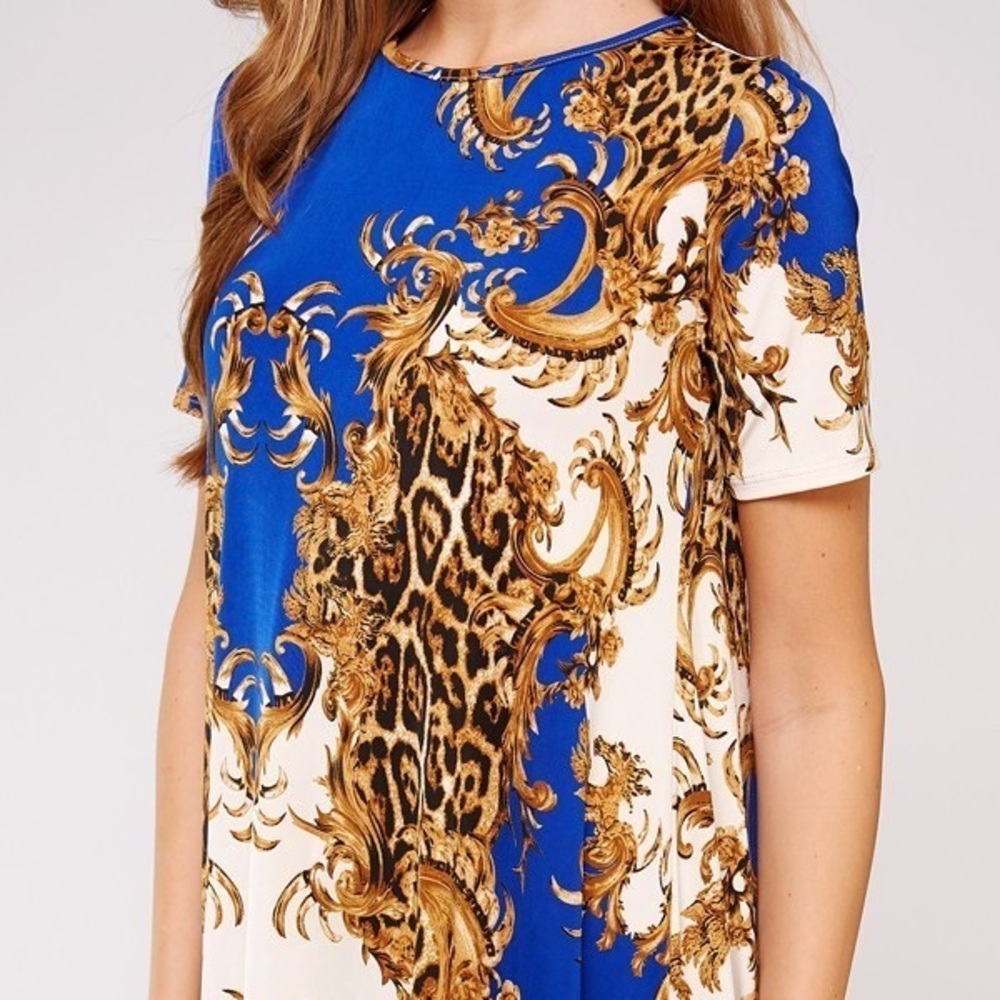 Scarf Print Royal Blue and Gold Silky Dress - Picture 3 of 3
